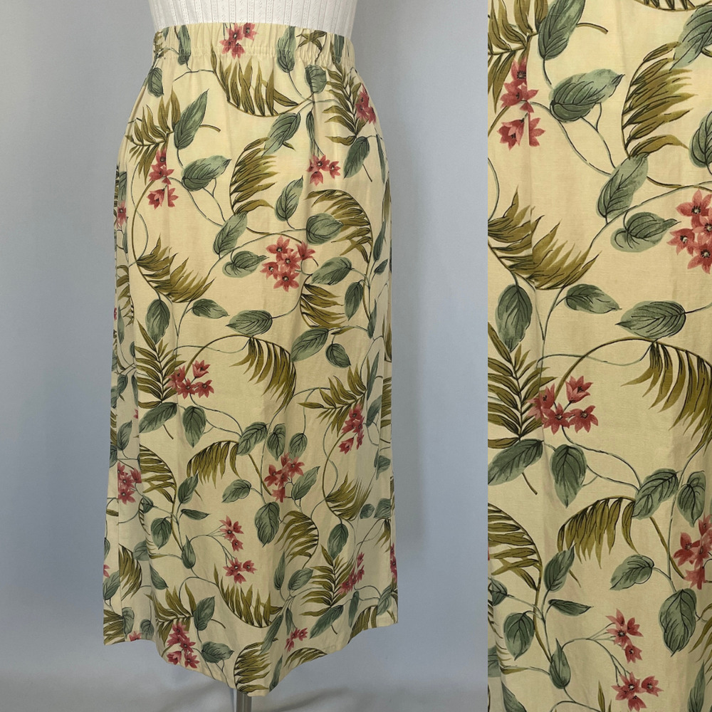 Vintage Midi Skirt Size Small Cream Yellow Floral Print Tropical Boho Linen 90s